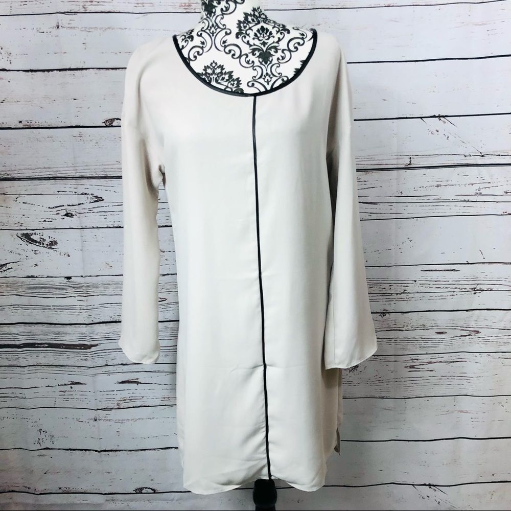 Marie Oliver Margaret Shift Dress Faux Leather Trim Long Sleeves Cement S